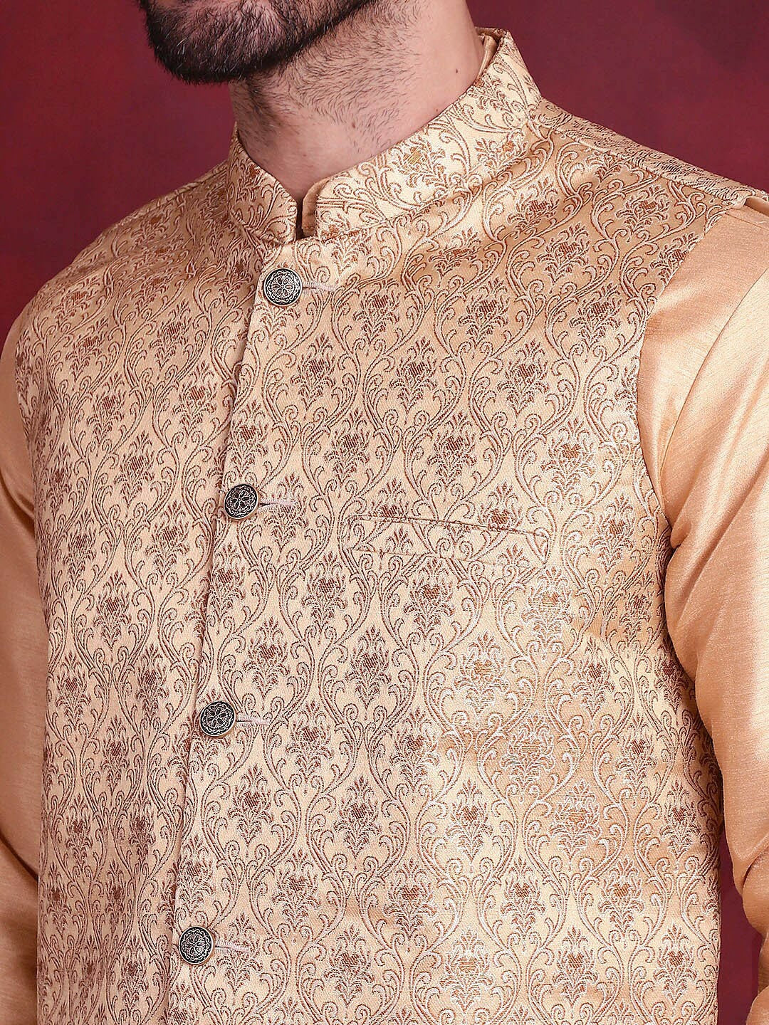 Men’s Cream & Gold Nehru Jacket – Silk Blend Ethnic Sleeveless Vest