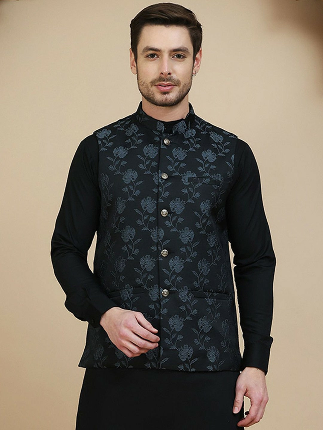 Black Floral-Embossed Cotton Linen Nehru Jacket for Men | indiaista