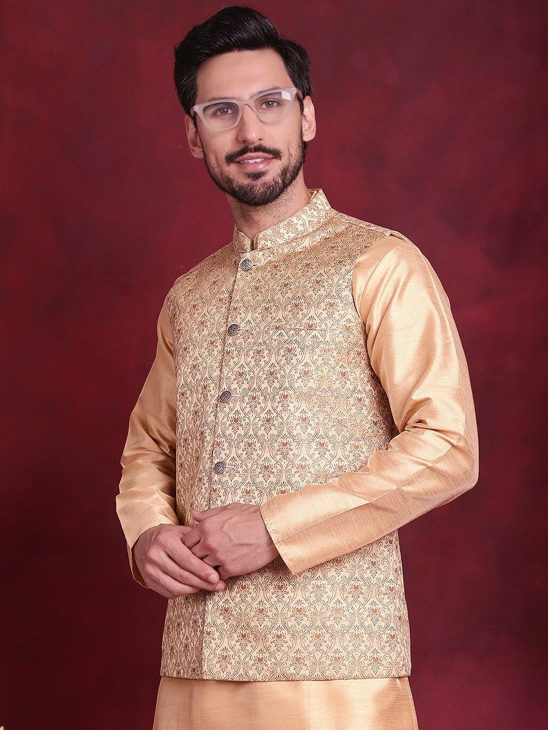Men’s Cream & Gold Nehru Jacket – Silk Blend Ethnic Sleeveless Vest