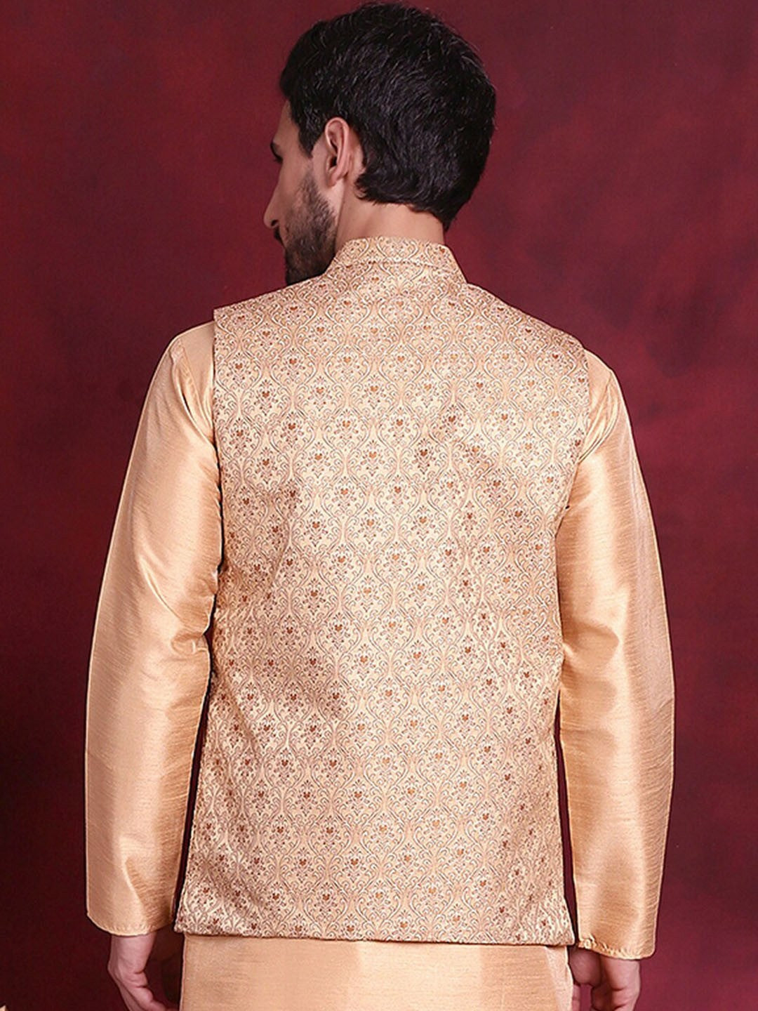 Men’s Cream & Gold Nehru Jacket – Silk Blend Ethnic Sleeveless Vest