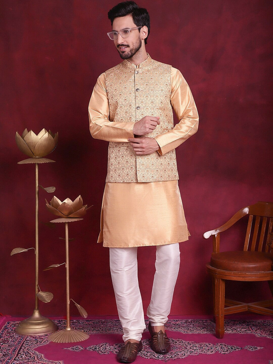Men’s Cream & Gold Nehru Jacket – Silk Blend Ethnic Sleeveless Vest