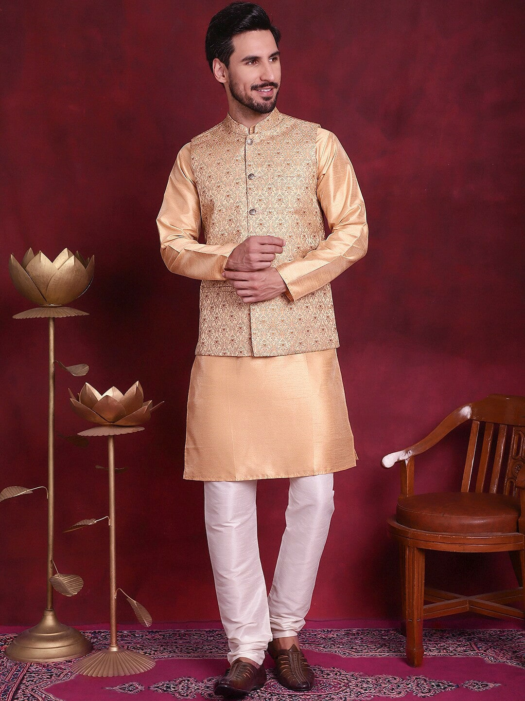 Men’s Cream & Gold Nehru Jacket – Silk Blend Ethnic Sleeveless Vest
