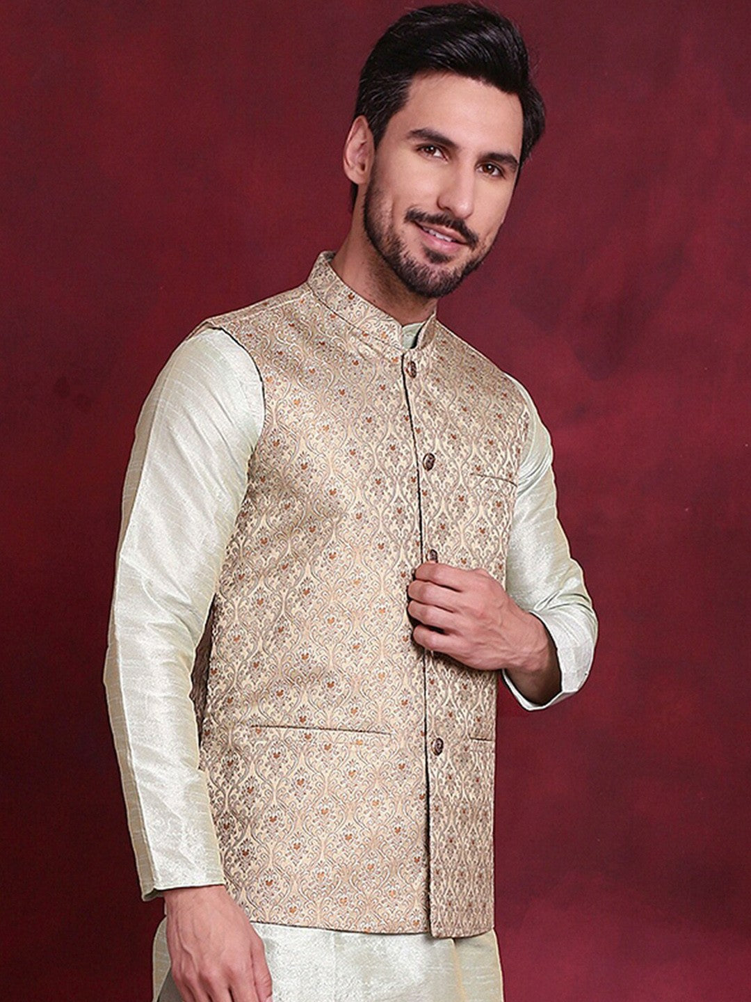 Men’s Gold & Green Woven Nehru Jacket – Silk Blend Festive Vest