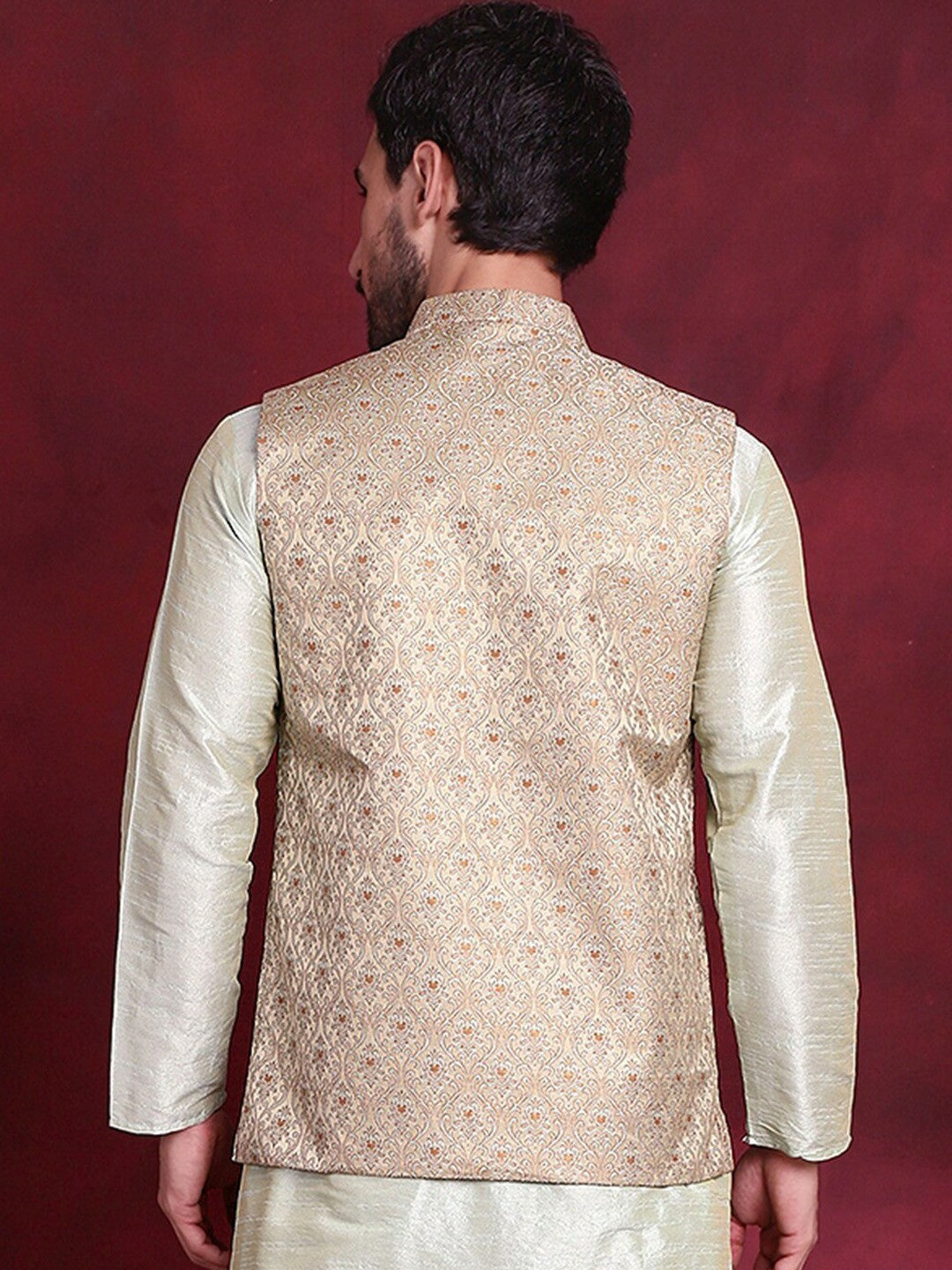 Men’s Gold & Green Woven Nehru Jacket – Silk Blend Festive Vest