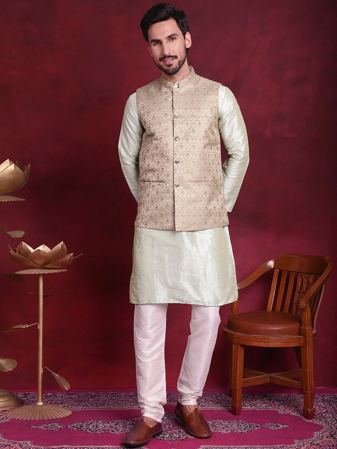 Men’s Gold & Green Woven Nehru Jacket – Silk Blend Festive Vest