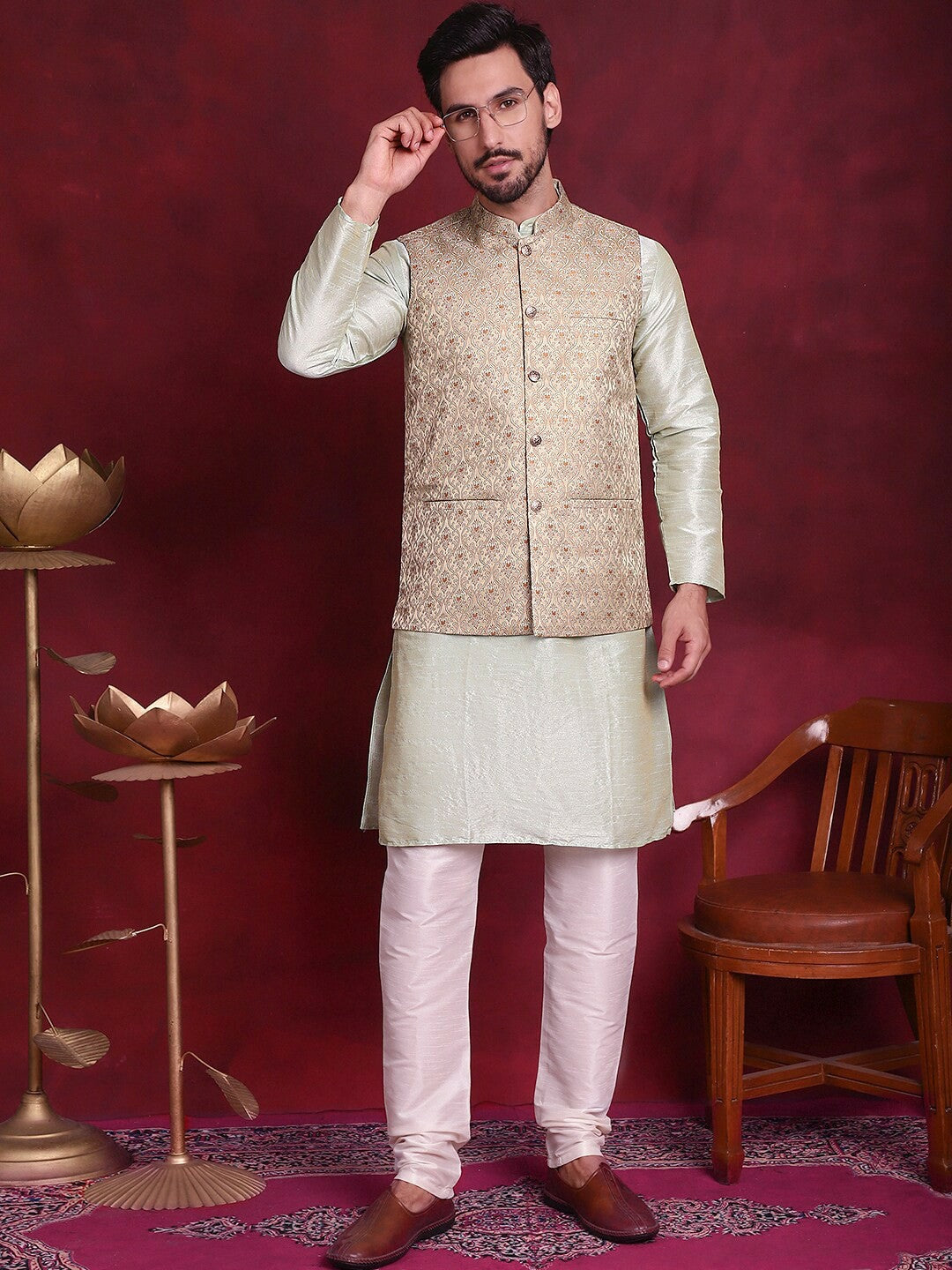 Men’s Gold & Green Woven Nehru Jacket – Silk Blend Festive Vest