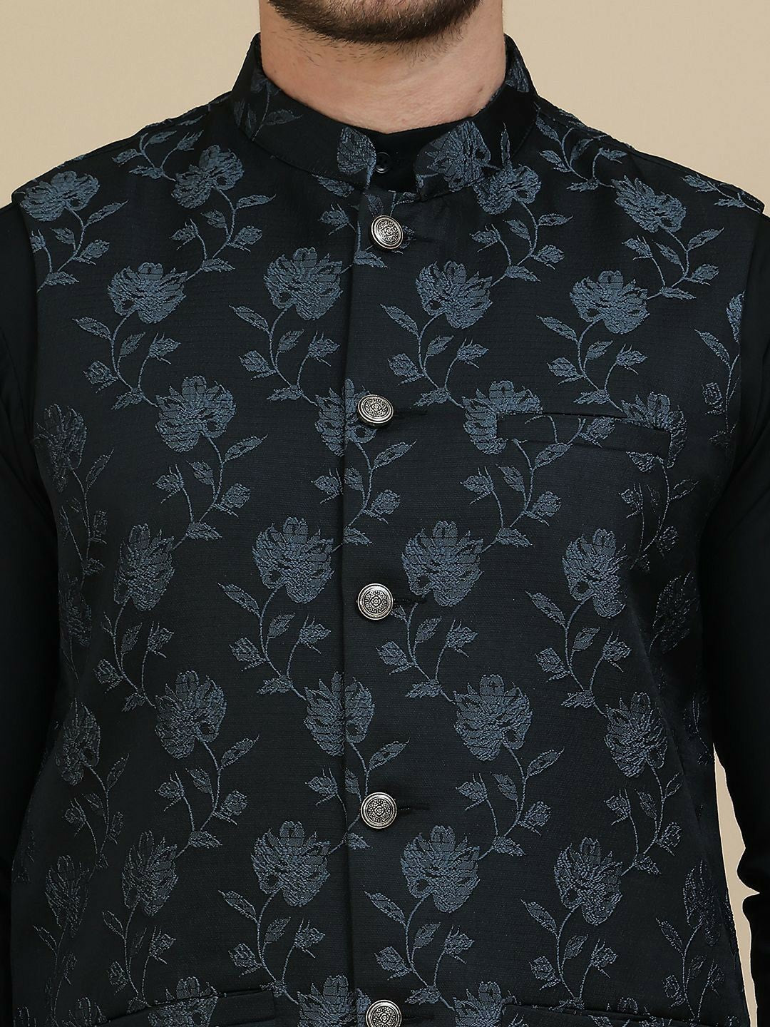 Black Floral-Embossed Cotton Linen Nehru Jacket for Men | indiaista