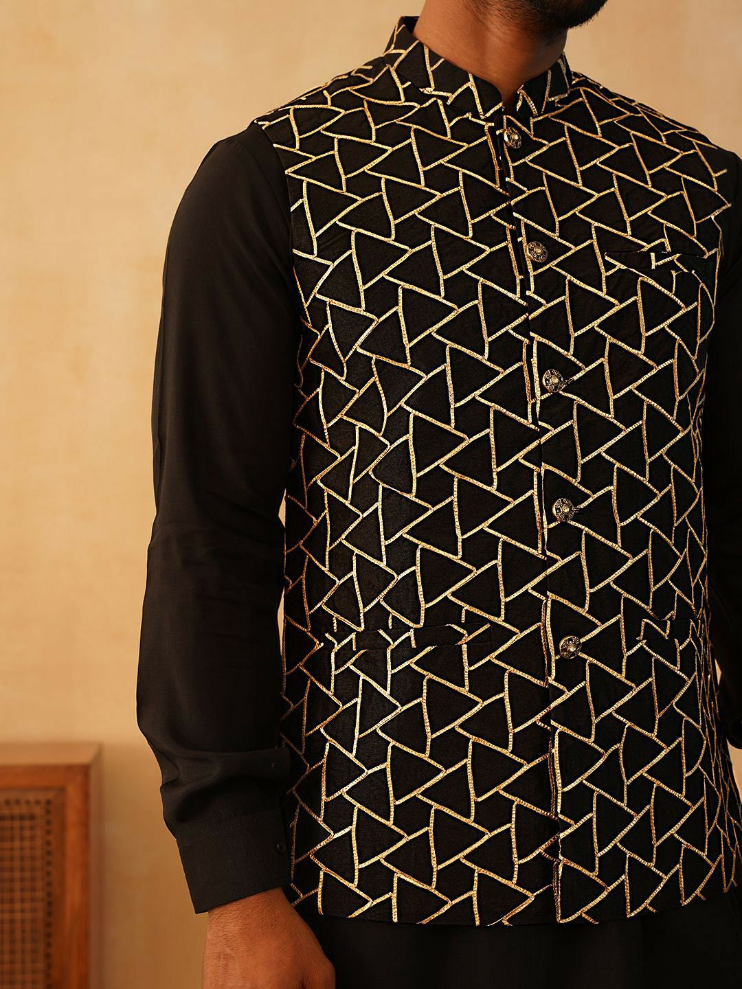 Men’s Black Satin Nehru Jacket – Embroidered Silk Blend Sleeveless Vest