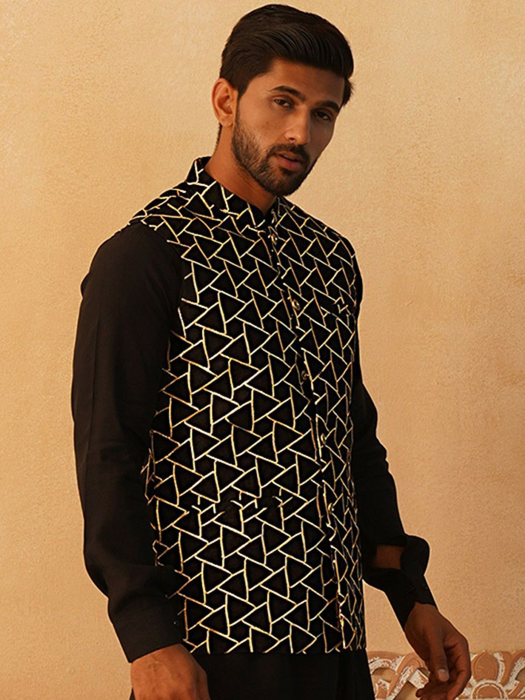 Men’s Black Satin Nehru Jacket – Embroidered Silk Blend Sleeveless Vest