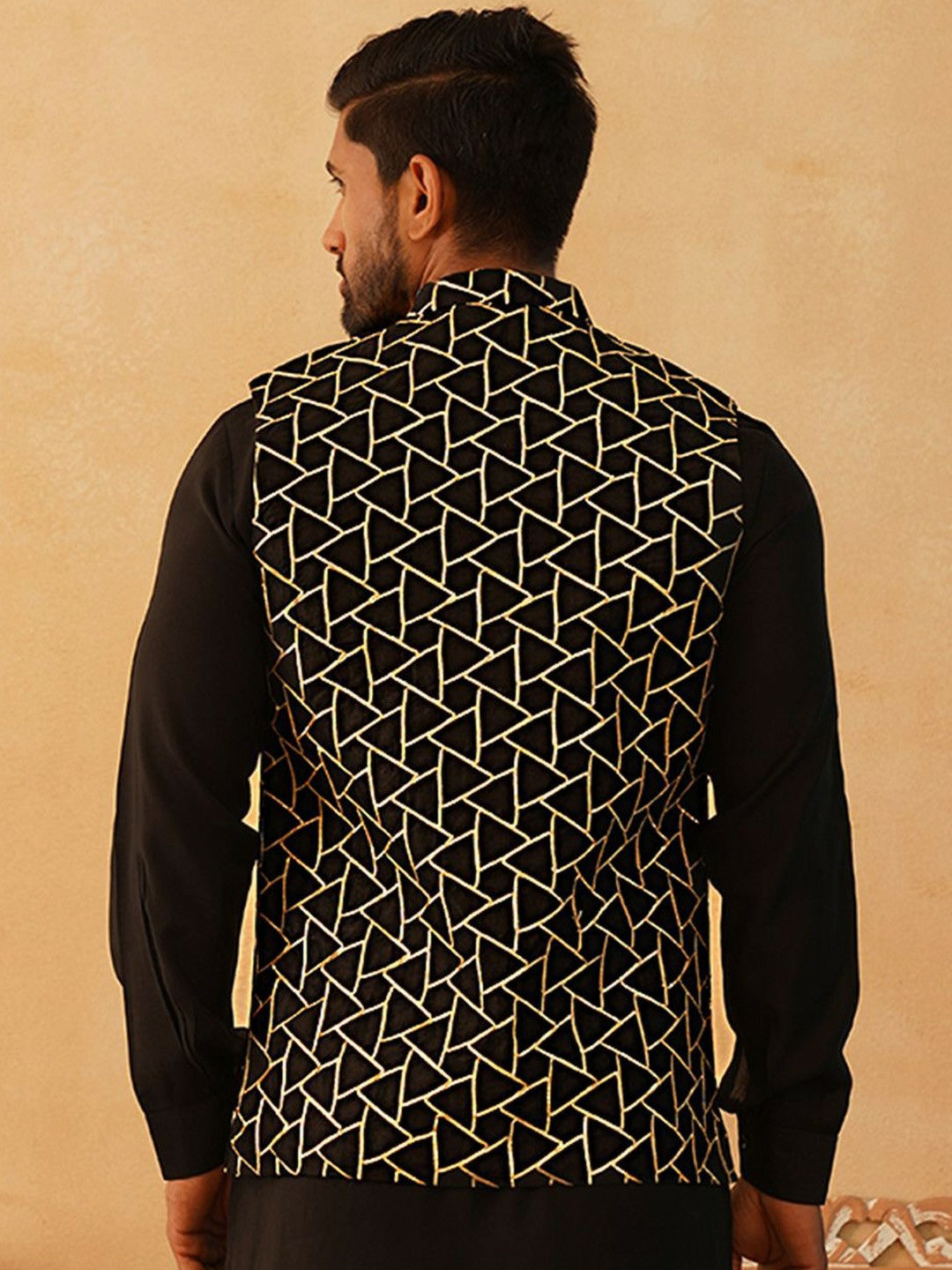 Men’s Black Satin Nehru Jacket – Embroidered Silk Blend Sleeveless Vest
