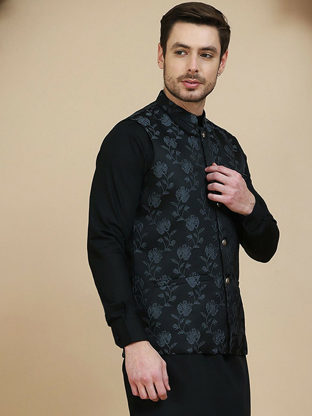 Black Floral-Embossed Cotton Linen Nehru Jacket for Men | indiaista