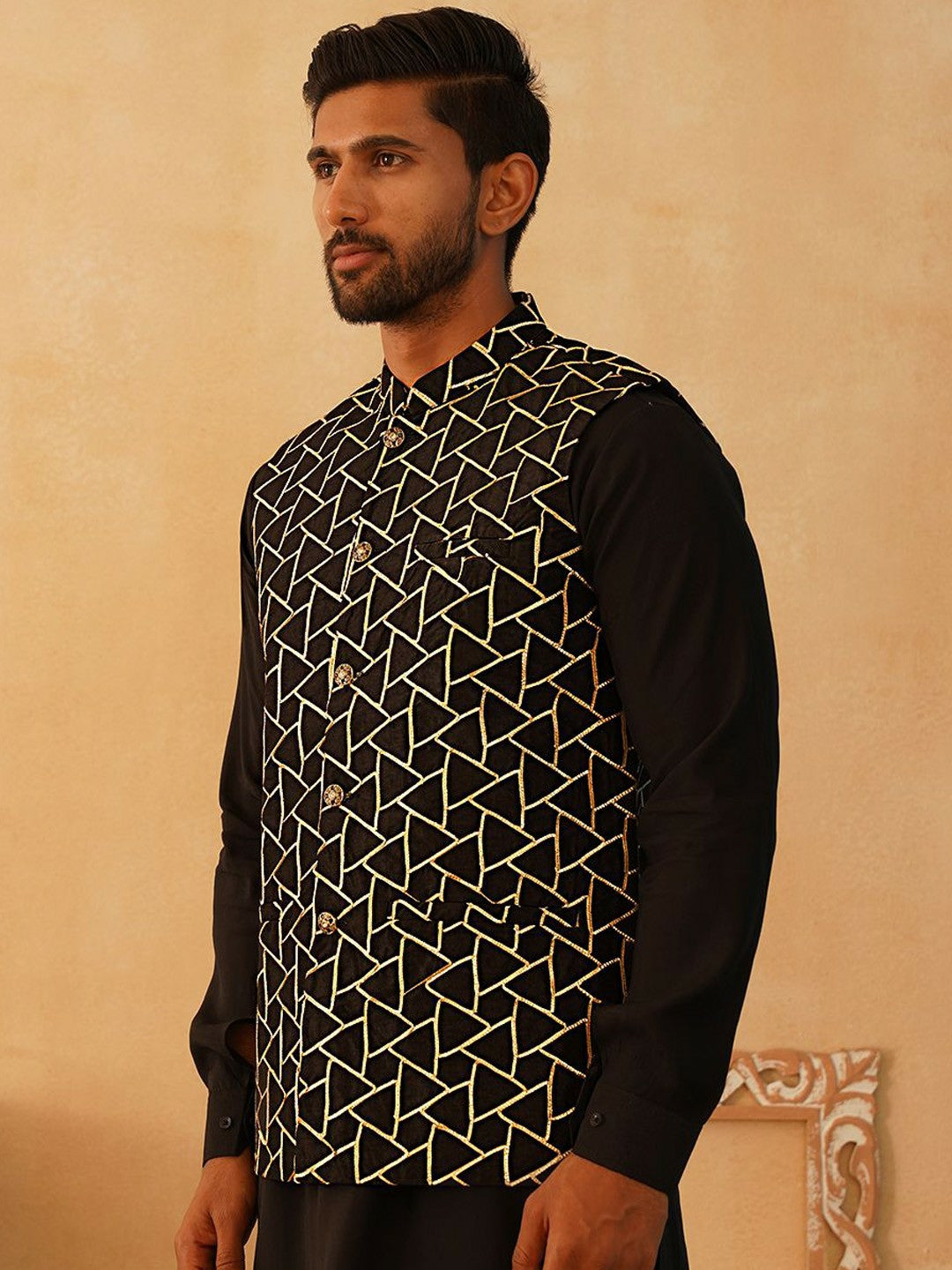 Men’s Black Satin Nehru Jacket – Embroidered Silk Blend Sleeveless Vest