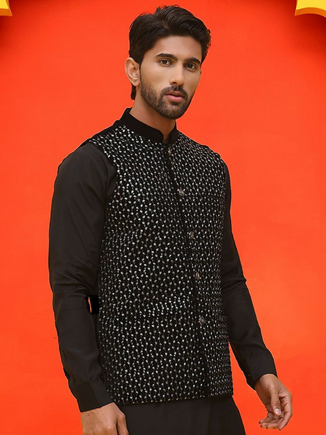 Men’s Black Embroidered Velvet Nehru Jacket – Sleeveless Ethnic Layer