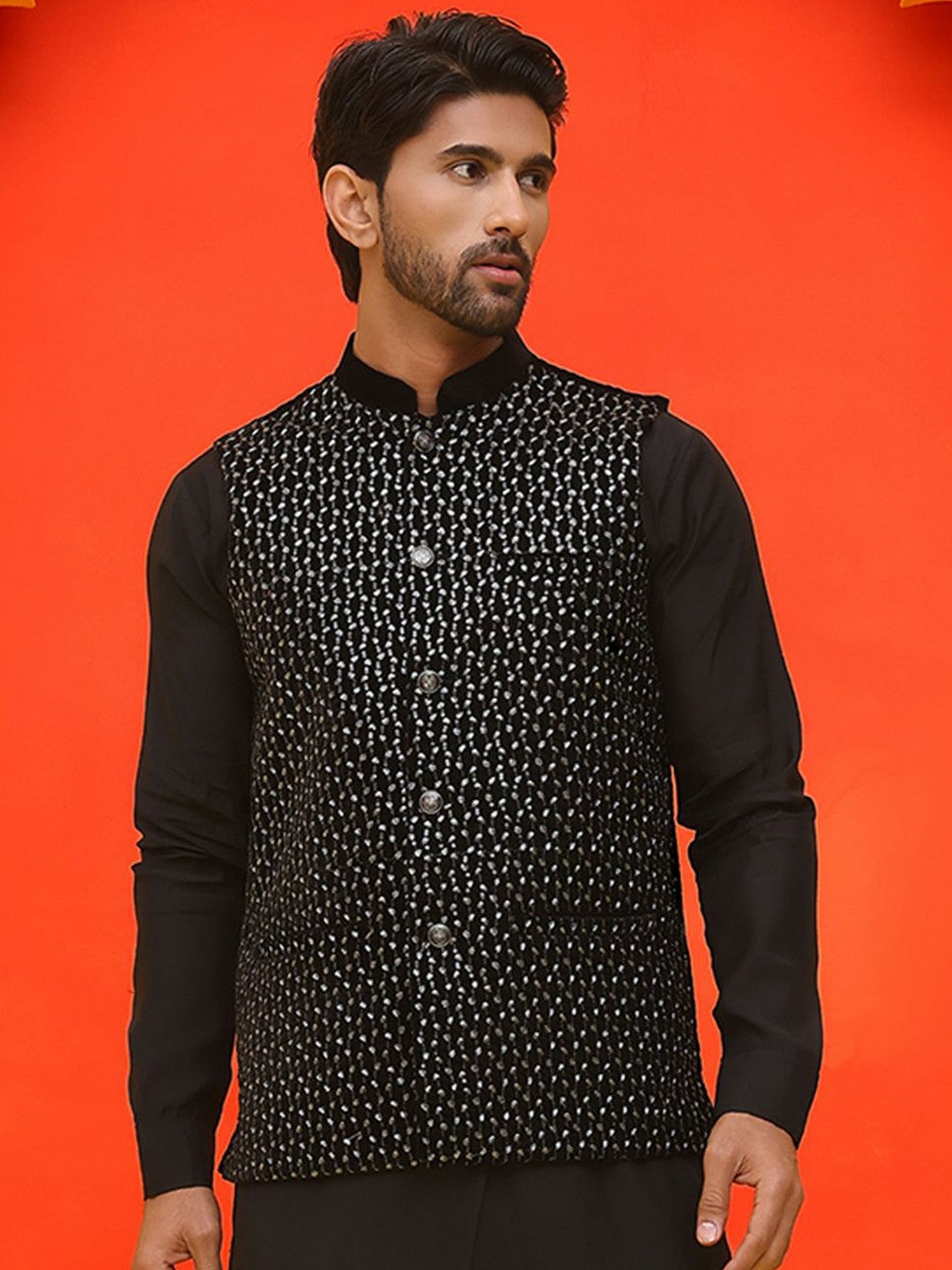 Men’s Black Embroidered Velvet Nehru Jacket – Sleeveless Ethnic Layer