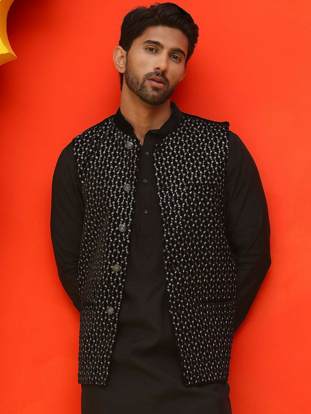 Men’s Black Embroidered Velvet Nehru Jacket – Sleeveless Ethnic Layer
