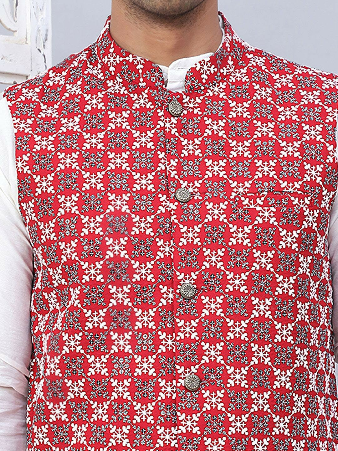 Men’s Maroon Embroidered Nehru Jacket – Sleeveless Viscose Festive Wear