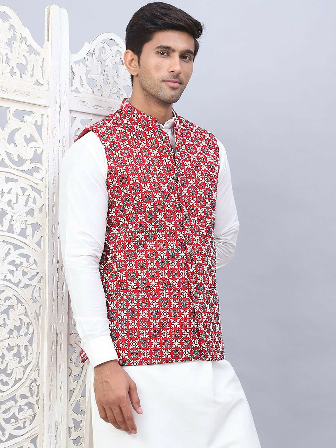Men’s Maroon Embroidered Nehru Jacket – Sleeveless Viscose Festive Wear