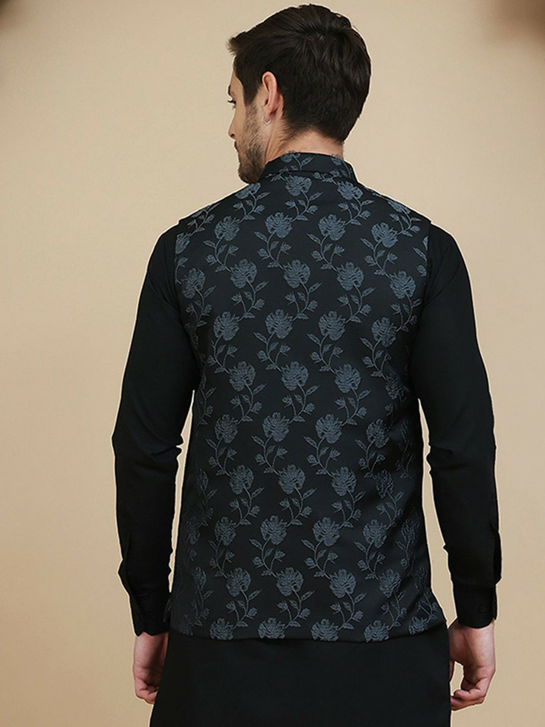 Black Floral-Embossed Cotton Linen Nehru Jacket for Men | indiaista