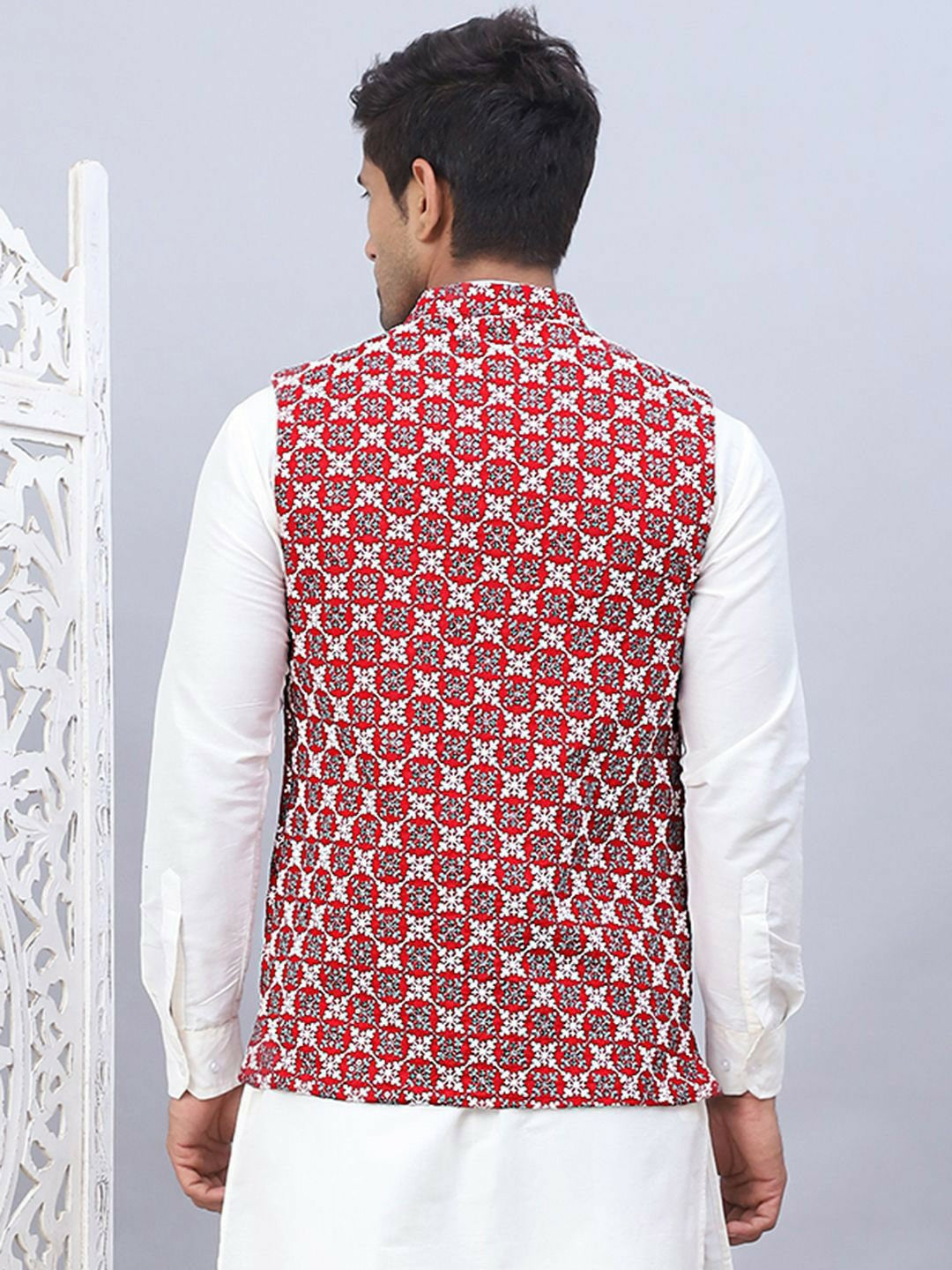 Men’s Maroon Embroidered Nehru Jacket – Sleeveless Viscose Festive Wear