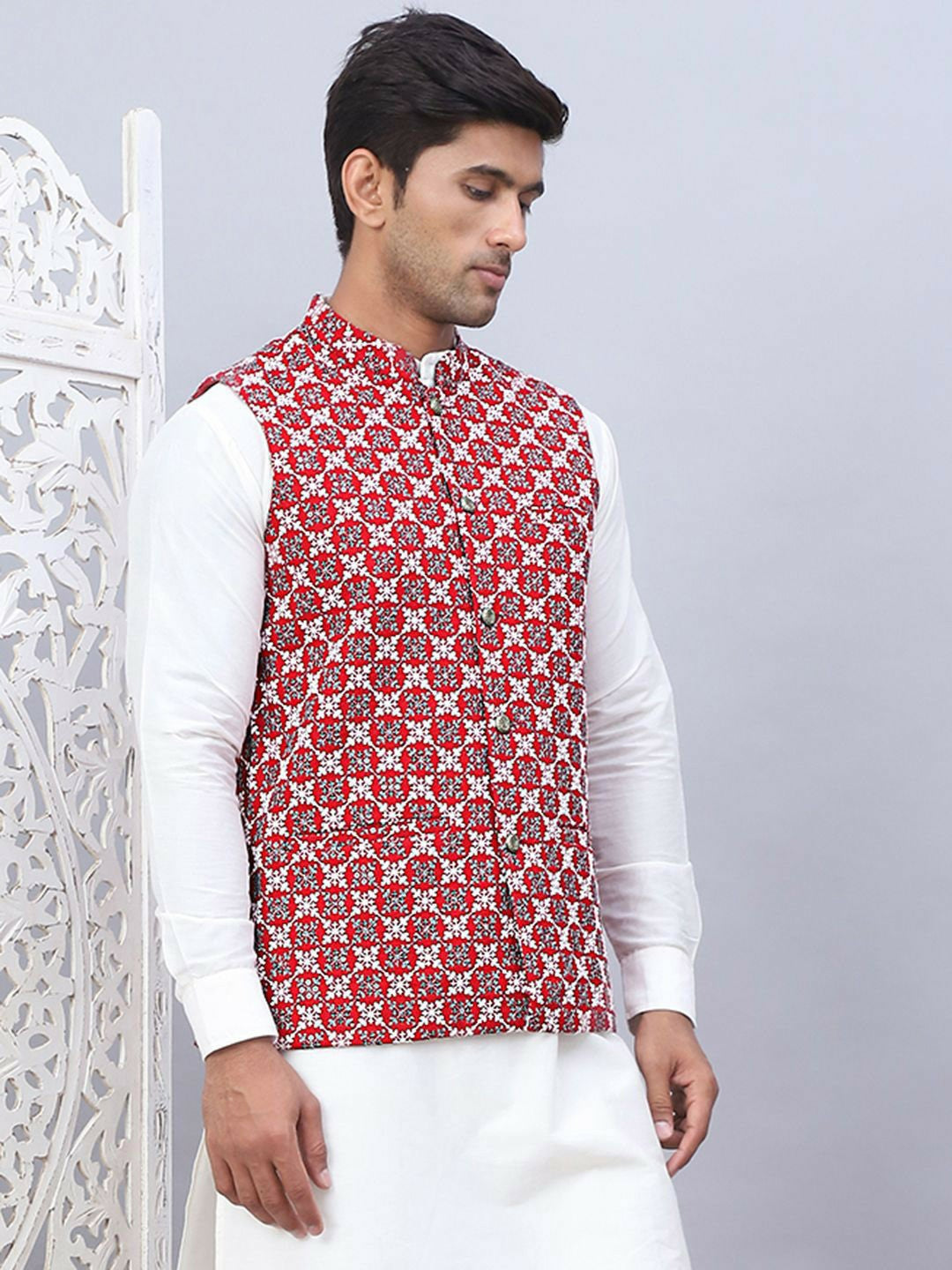 Men’s Maroon Embroidered Nehru Jacket – Sleeveless Viscose Festive Wear