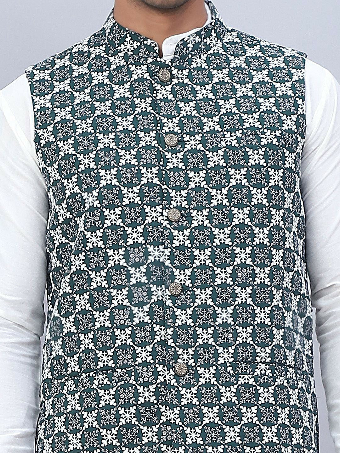 Men’s Olive Green Embroidered Nehru Jacket – Sleeveless Viscose Ethnic Vest