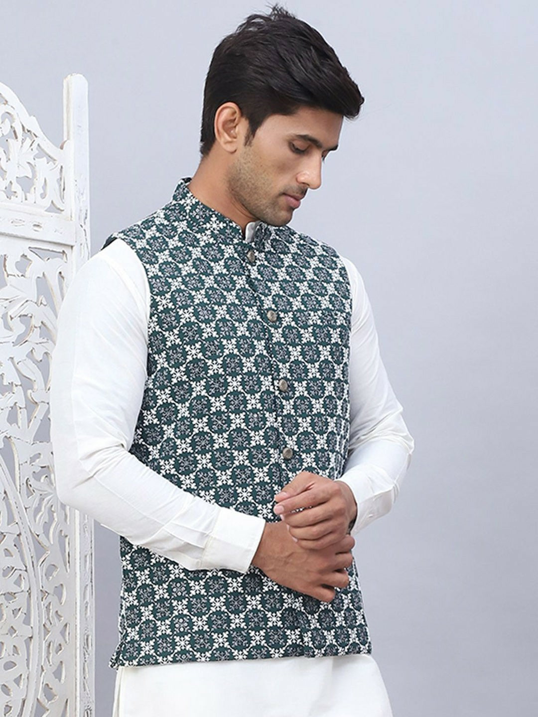 Men’s Olive Green Embroidered Nehru Jacket – Sleeveless Viscose Ethnic Vest