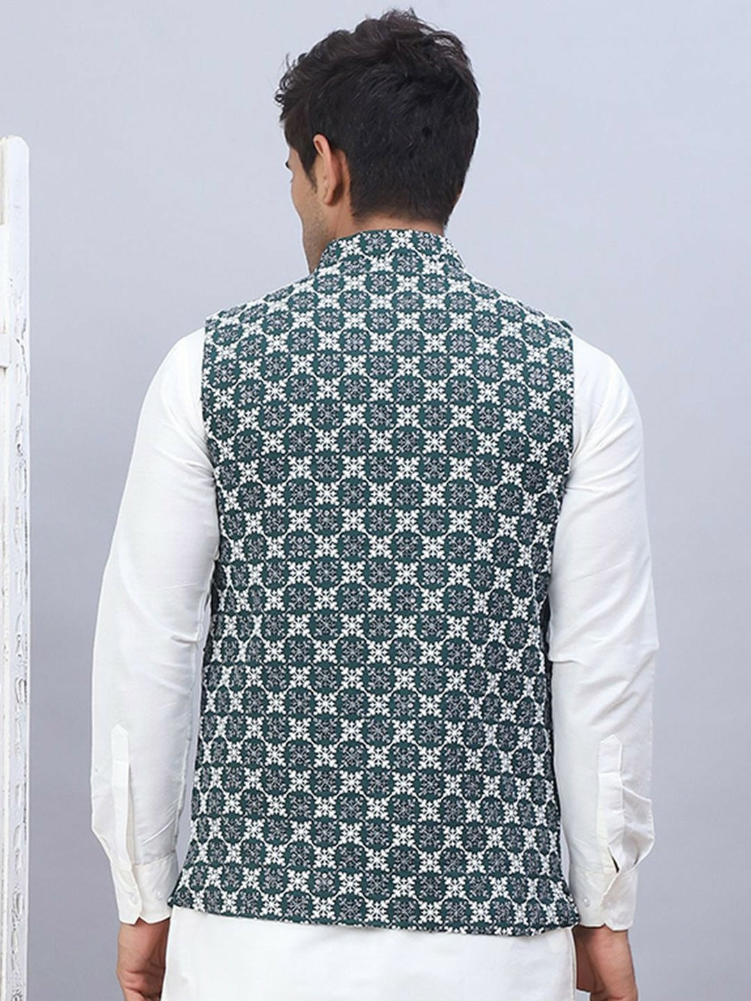 Men’s Olive Green Embroidered Nehru Jacket – Sleeveless Viscose Ethnic Vest