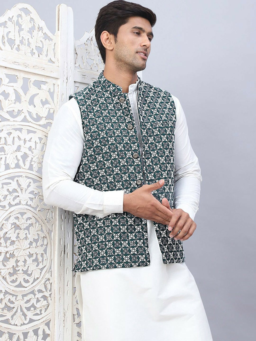 Men’s Olive Green Embroidered Nehru Jacket – Sleeveless Viscose Ethnic Vest