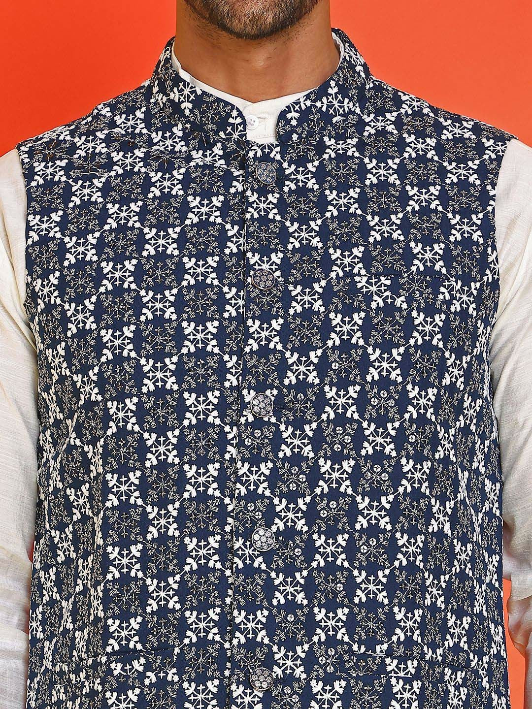 Men’s Blue & White Embroidered Nehru Jacket – Sleeveless Viscose Layer