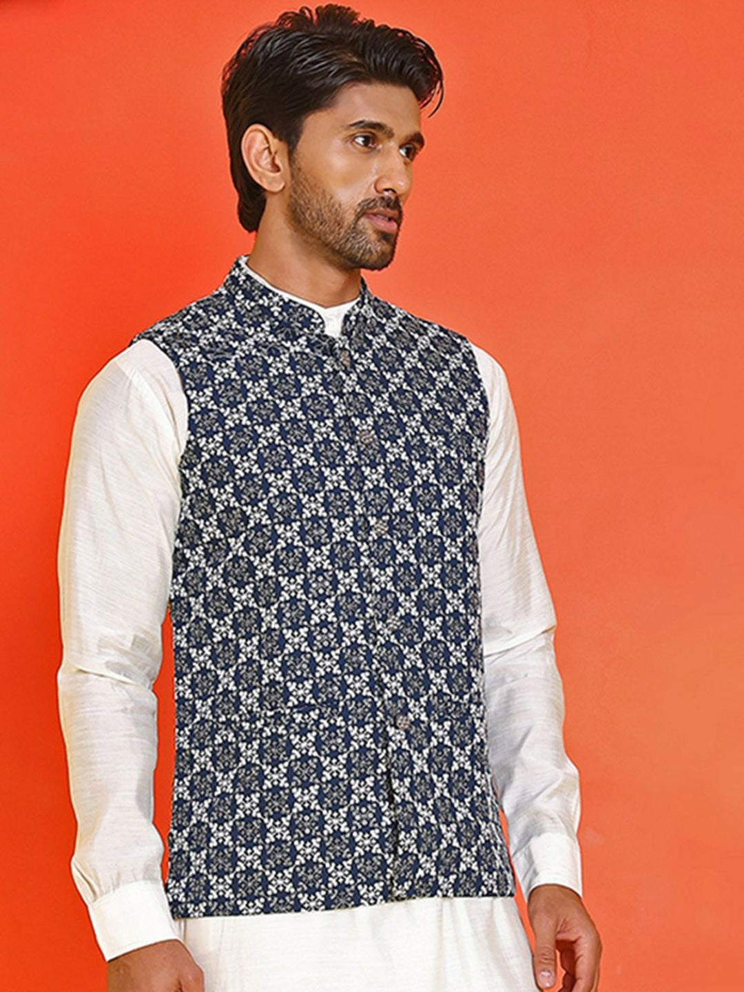 Men’s Blue & White Embroidered Nehru Jacket – Sleeveless Viscose Layer