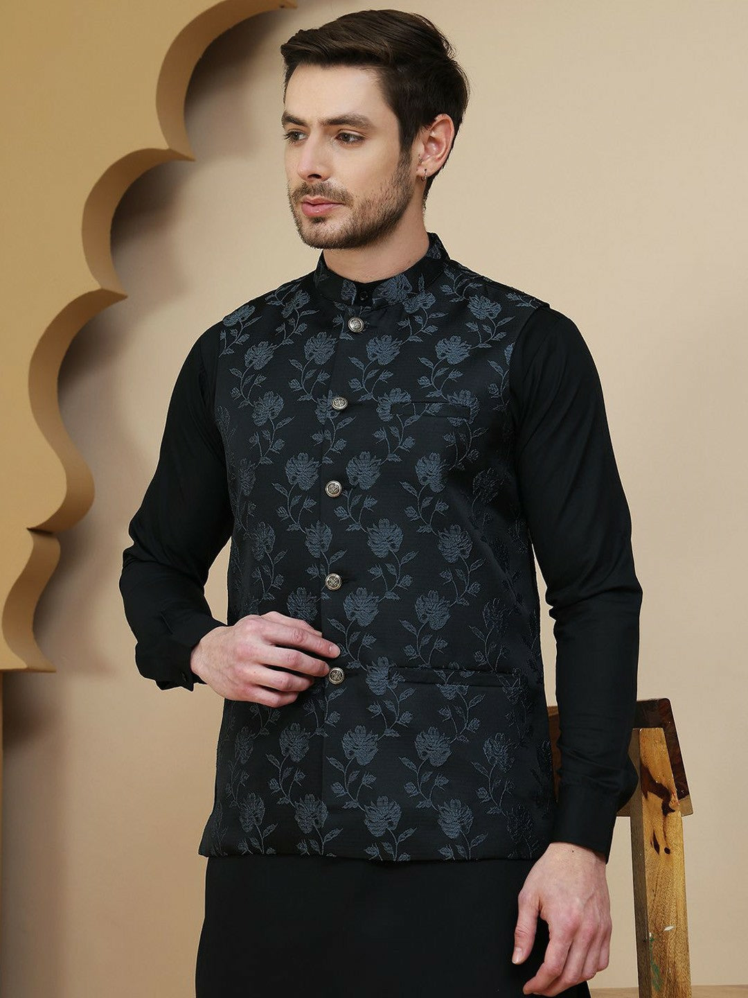 Black Floral-Embossed Cotton Linen Nehru Jacket for Men | indiaista