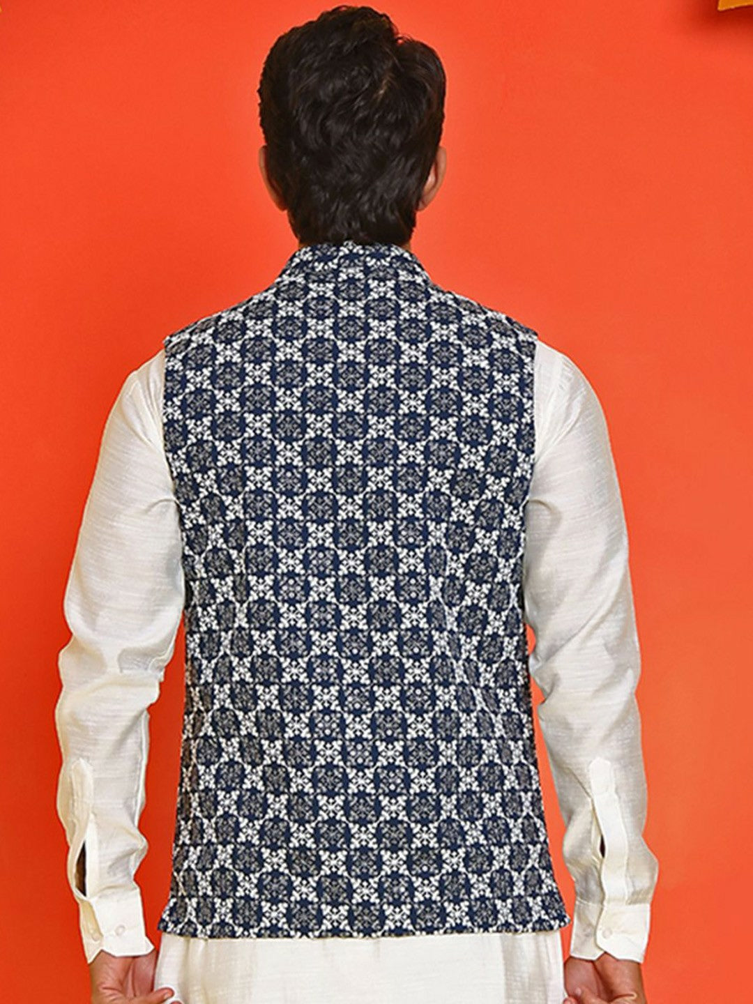 Men’s Blue & White Embroidered Nehru Jacket – Sleeveless Viscose Layer