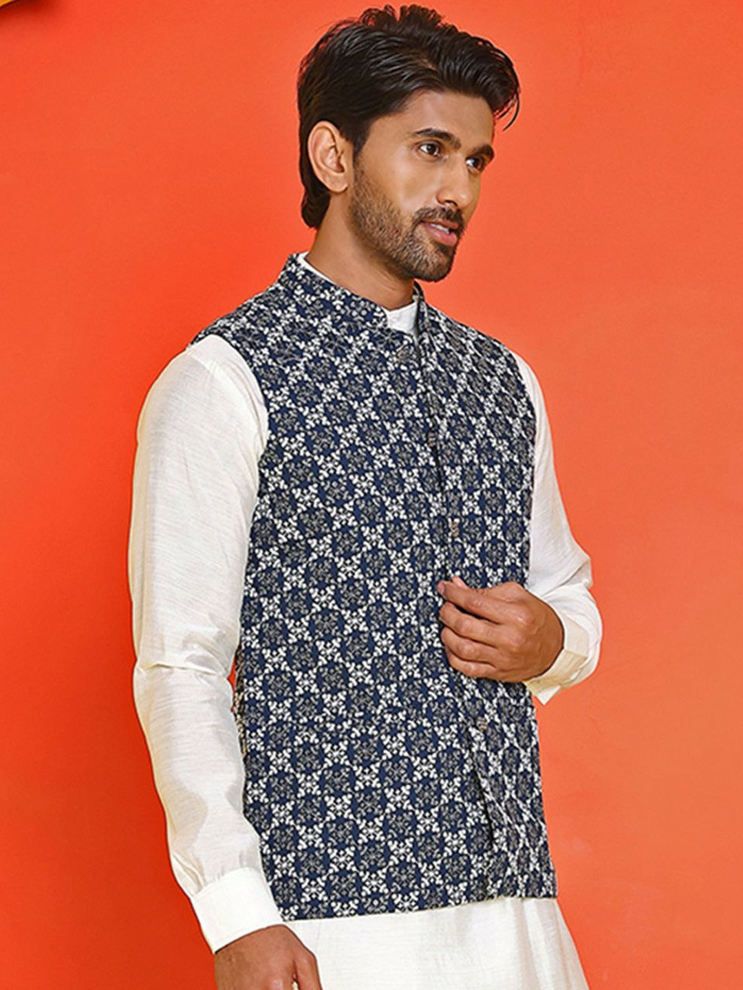 Men’s Blue & White Embroidered Nehru Jacket – Sleeveless Viscose Layer