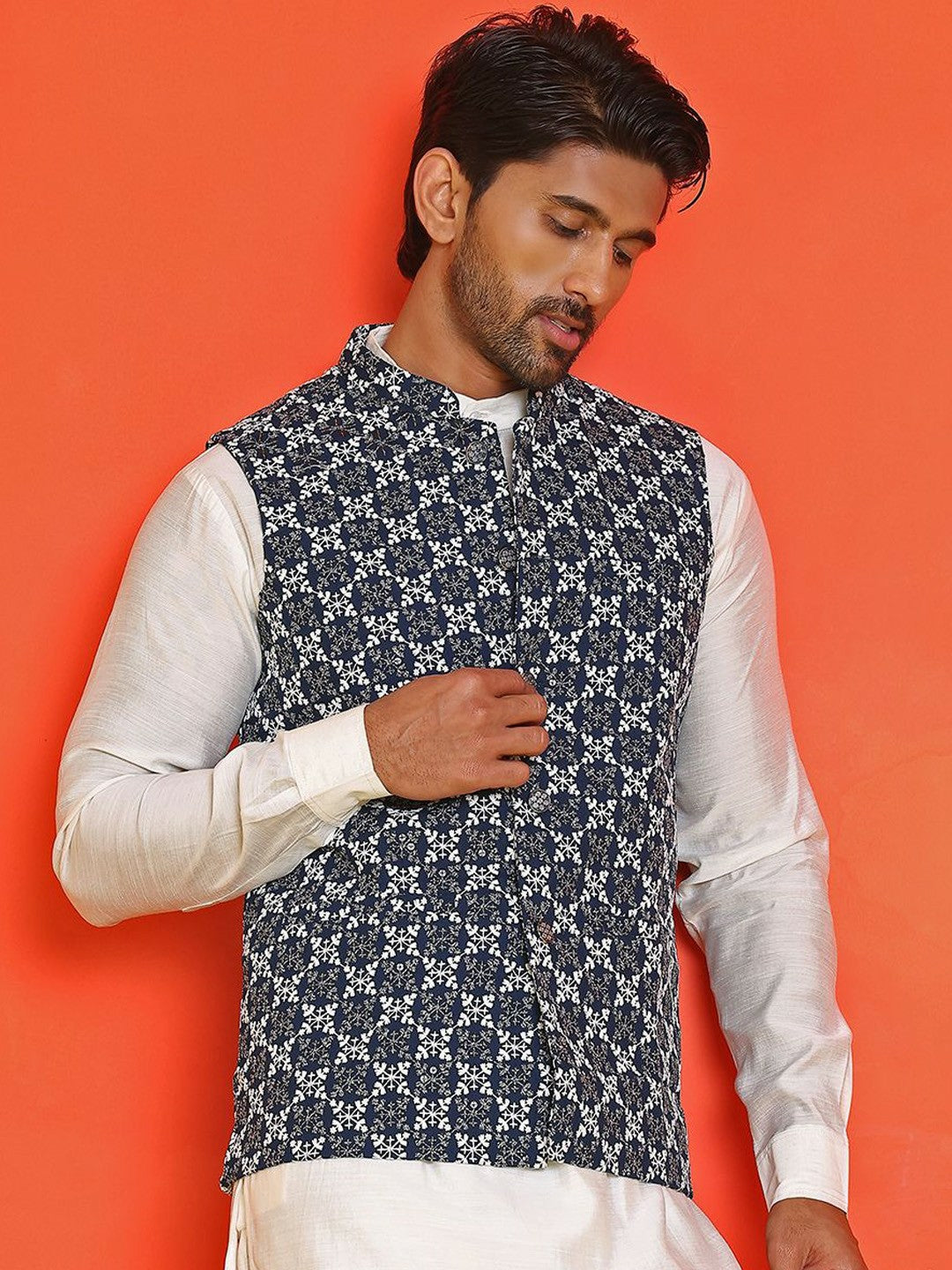 Men’s Blue & White Embroidered Nehru Jacket – Sleeveless Viscose Layer