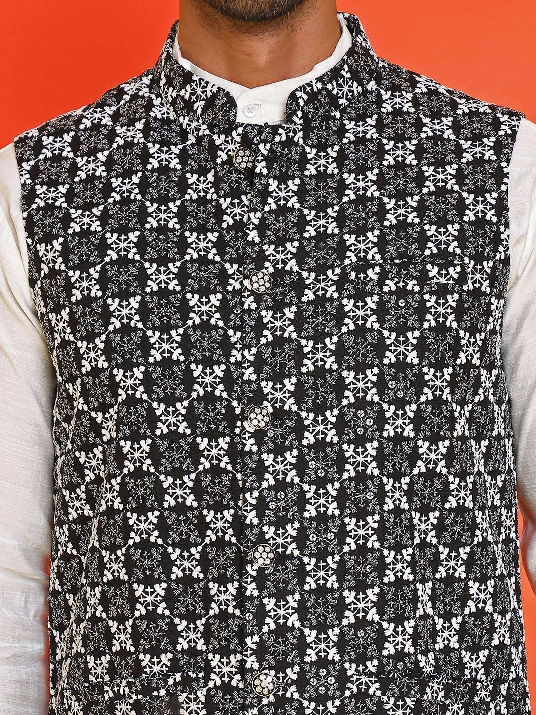 Men’s Black & White Embroidered Nehru Jacket – Sleeveless Viscose Style