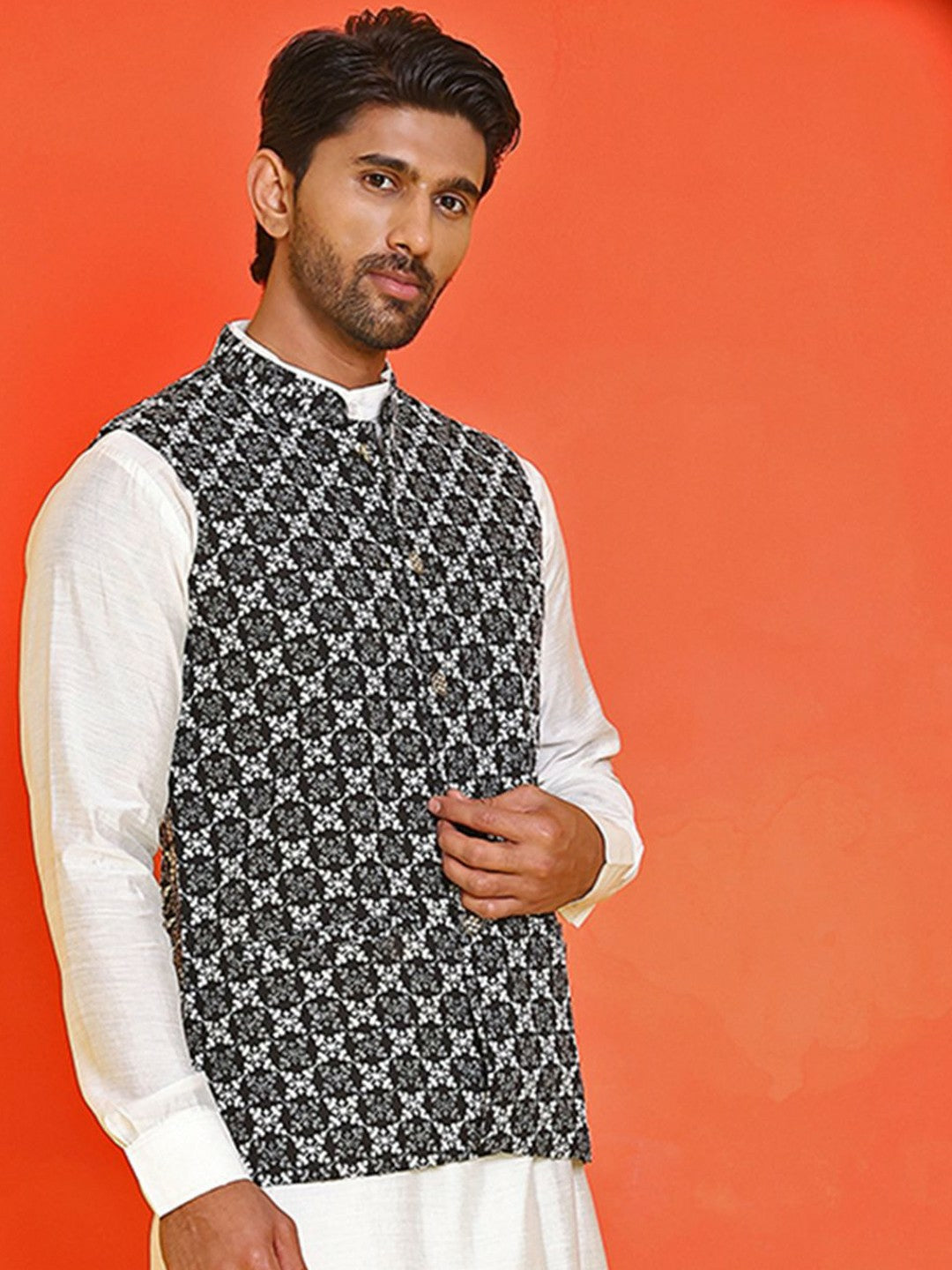 Men’s Black & White Embroidered Nehru Jacket – Sleeveless Viscose Style