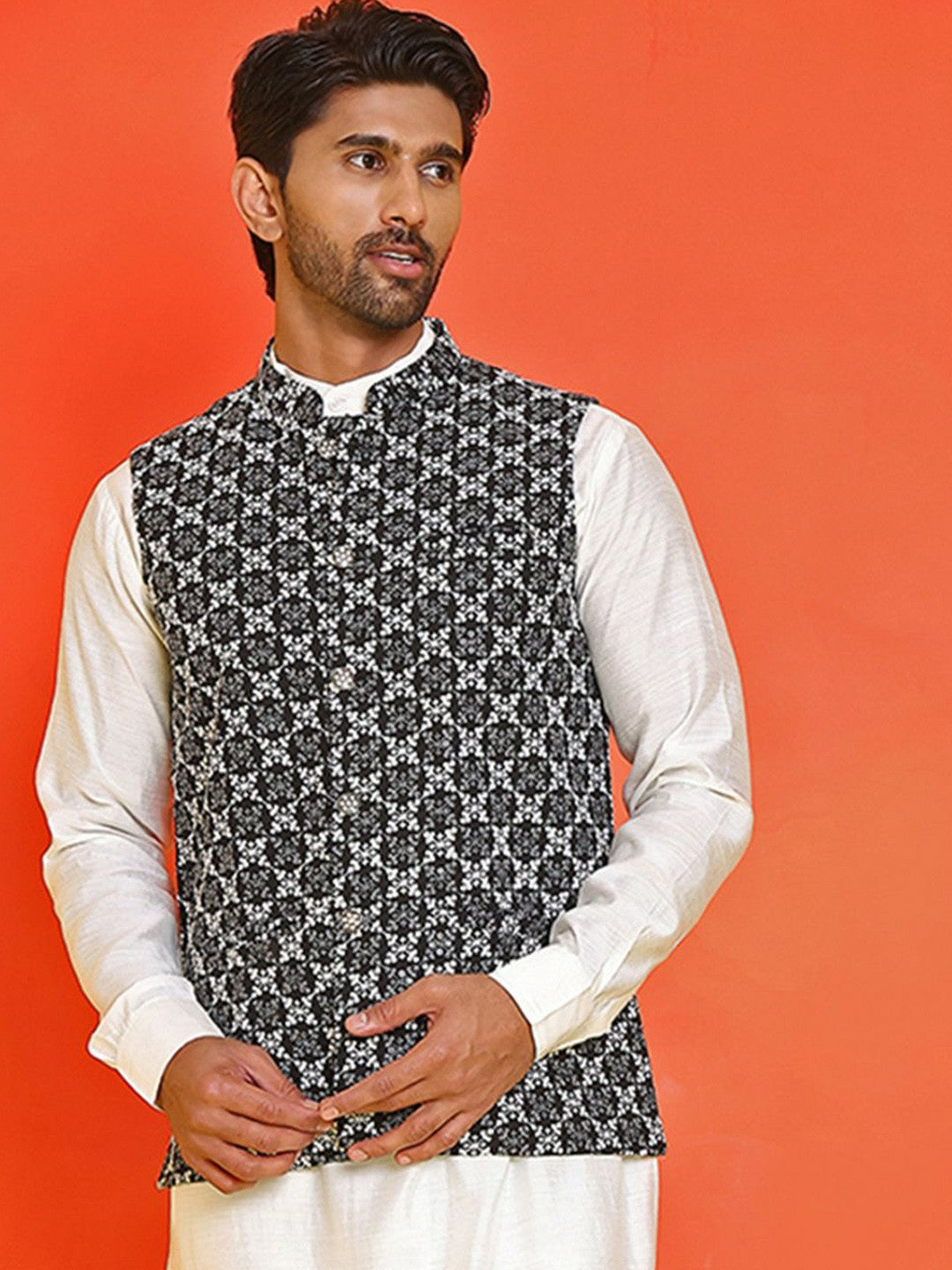 Men’s Black & White Embroidered Nehru Jacket – Sleeveless Viscose Style