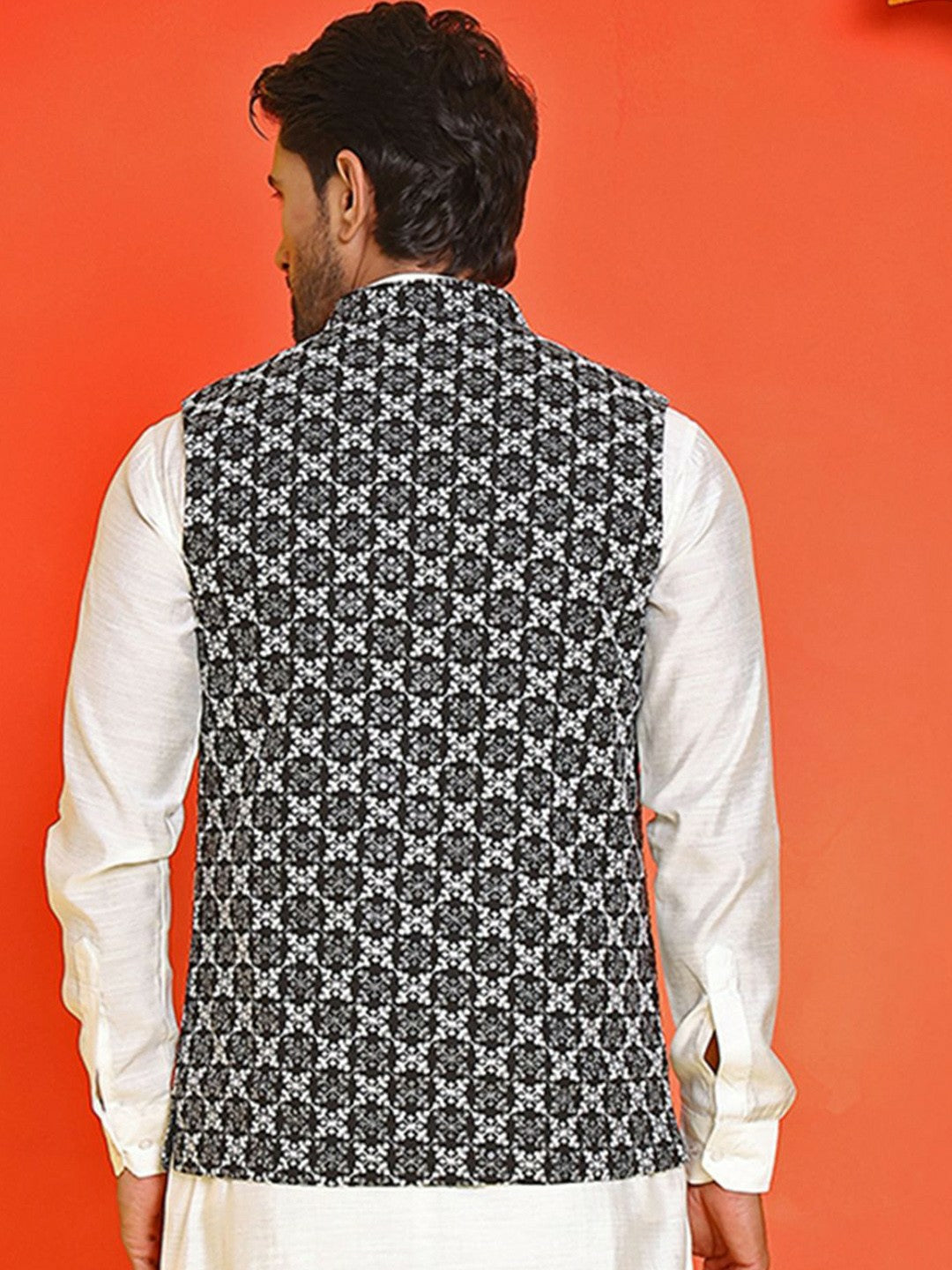 Men’s Black & White Embroidered Nehru Jacket – Sleeveless Viscose Style