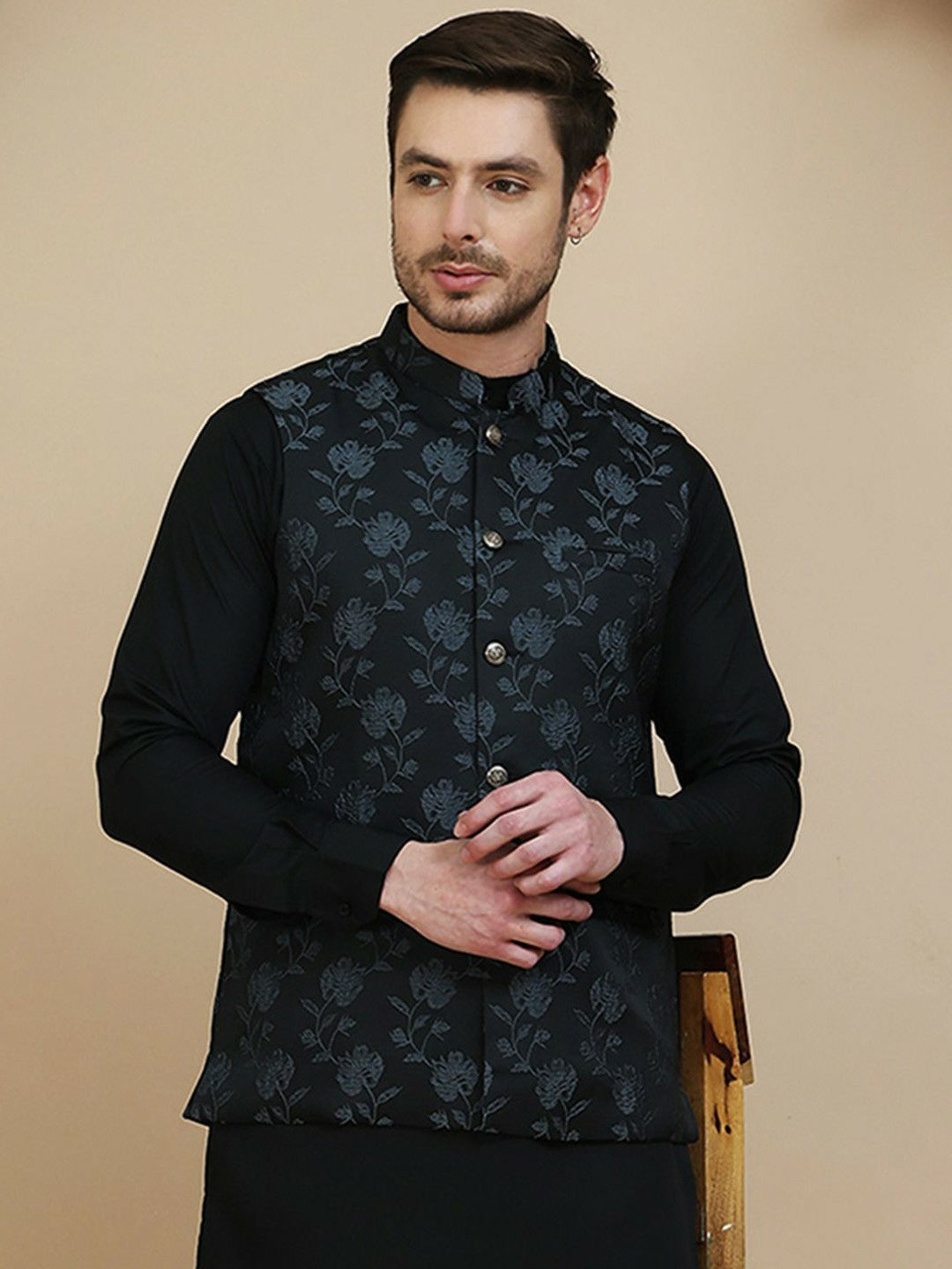 Black Floral-Embossed Cotton Linen Nehru Jacket for Men | indiaista