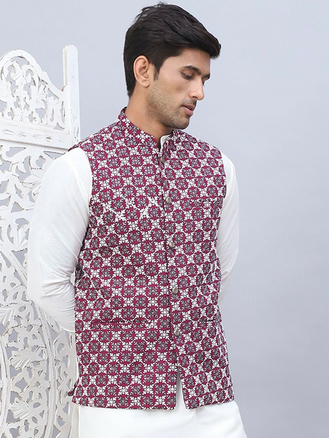 Men’s Purple Embroidered Nehru Jacket – Sleeveless Festive Layer