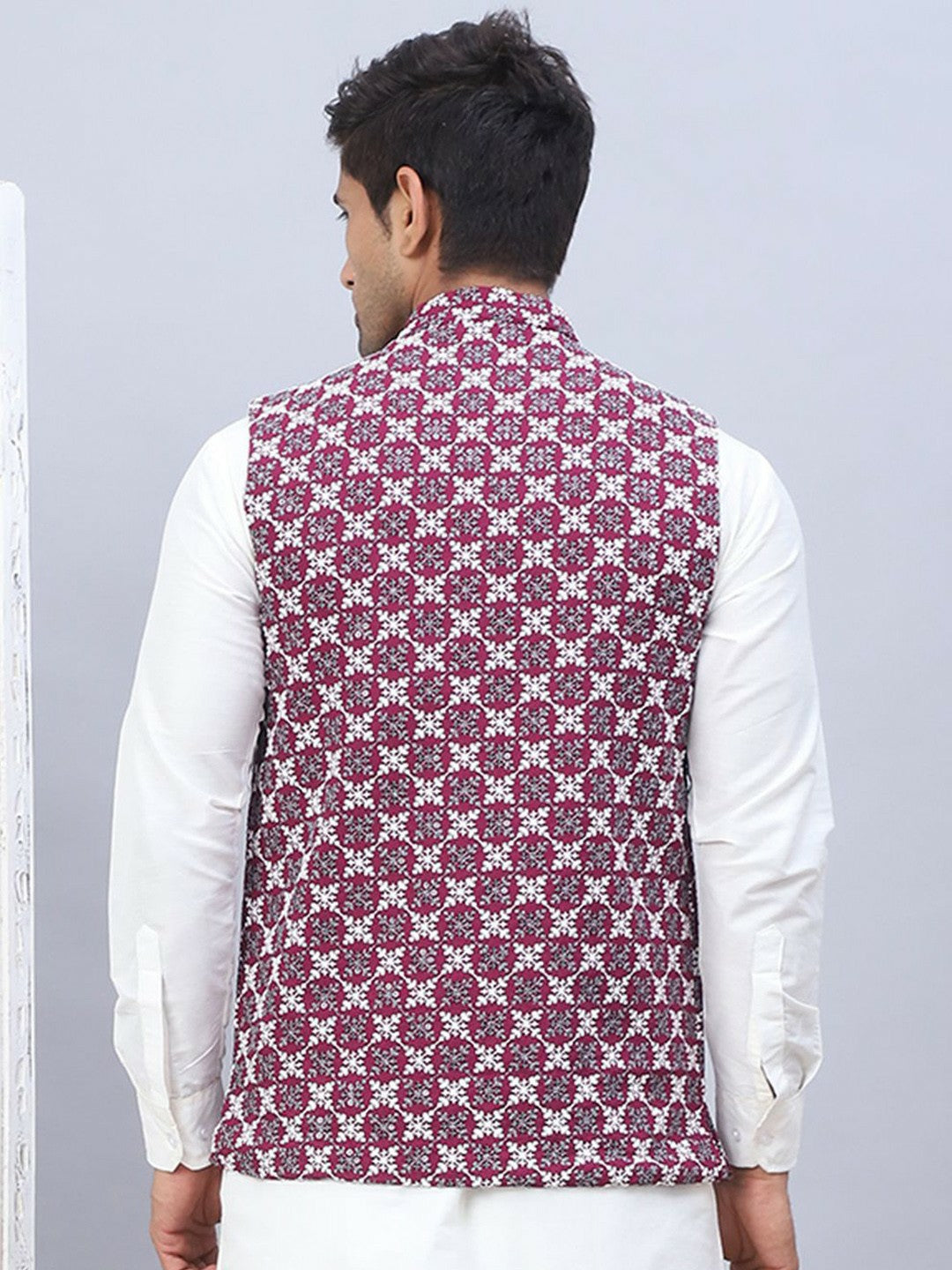 Men’s Purple Embroidered Nehru Jacket – Sleeveless Festive Layer