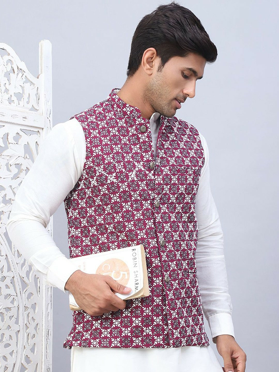 Men’s Purple Embroidered Nehru Jacket – Sleeveless Festive Layer