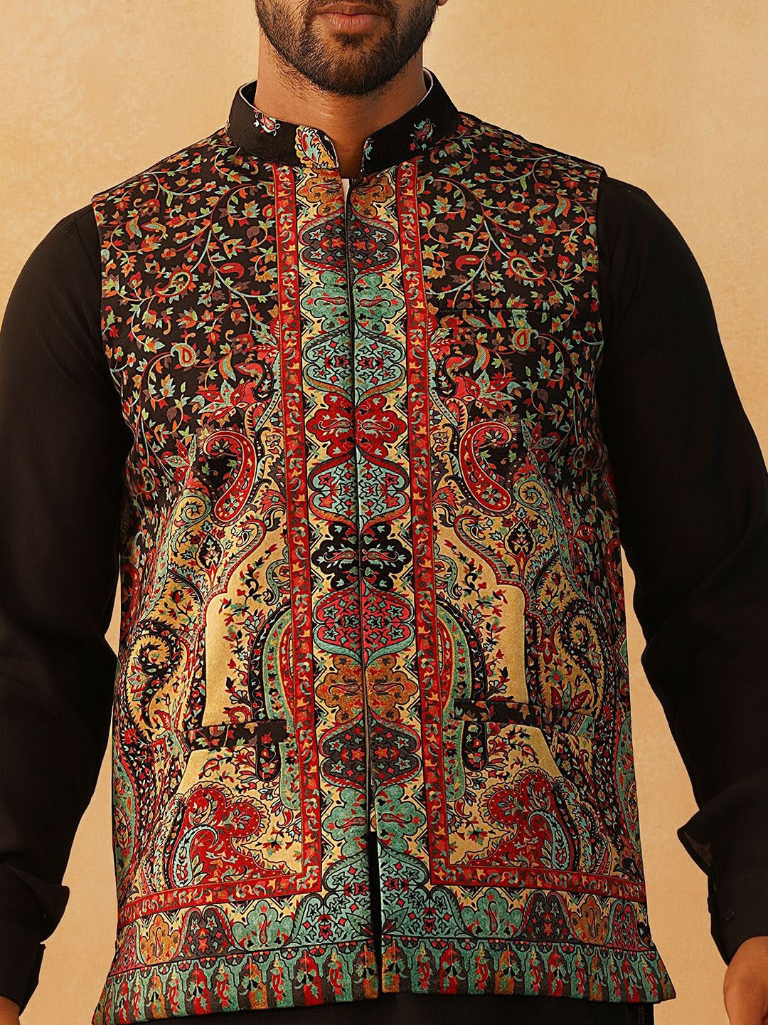Men’s Black & Red Paisley Print Velvet Nehru Jacket – Sleeveless