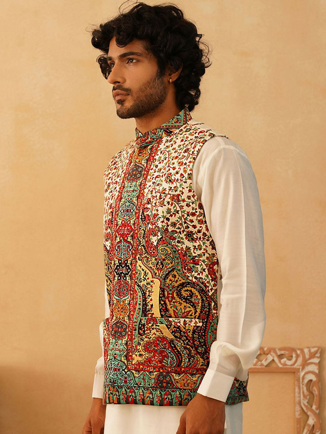 Men’s Cream Printed Velvet Nehru Jacket – Festive Sleeveless Layer