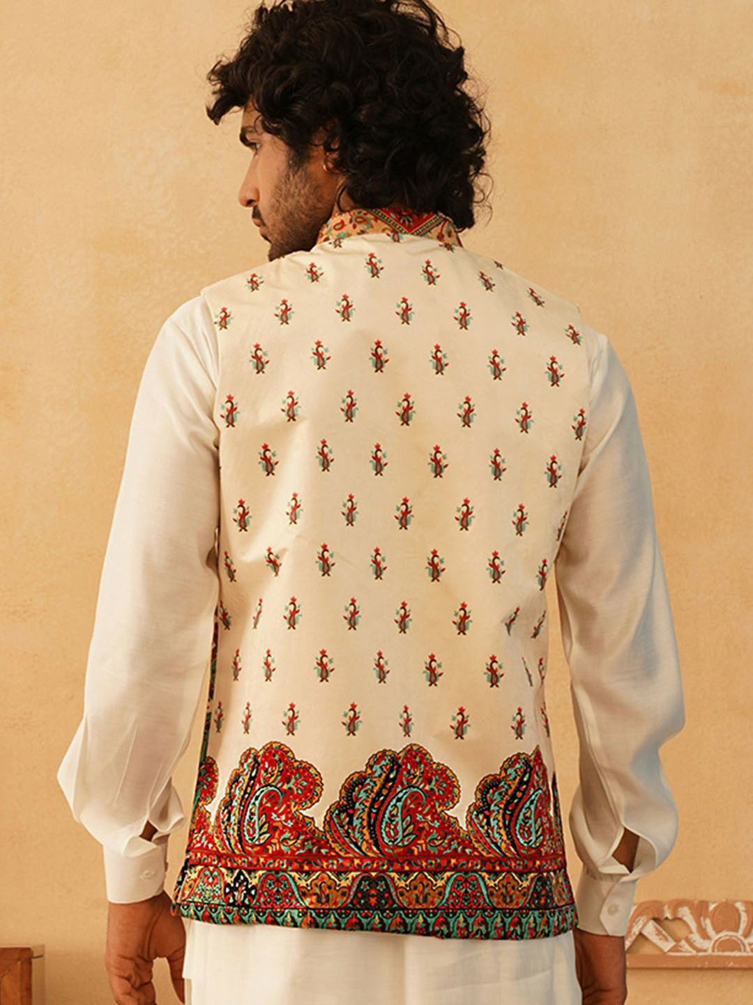 Men’s Cream Printed Velvet Nehru Jacket – Festive Sleeveless Layer