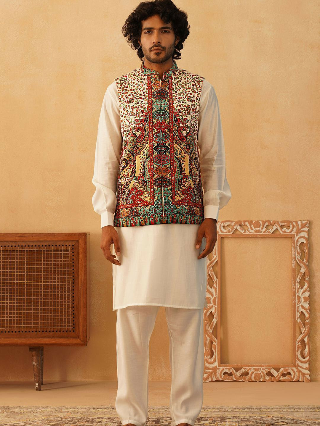 Men’s Cream Printed Velvet Nehru Jacket – Festive Sleeveless Layer