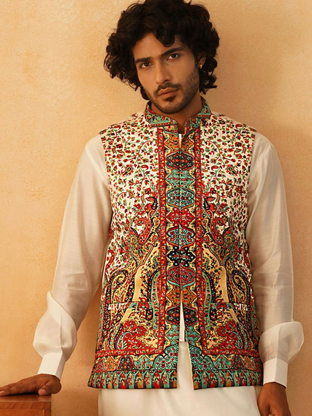 Men’s Cream Printed Velvet Nehru Jacket – Festive Sleeveless Layer
