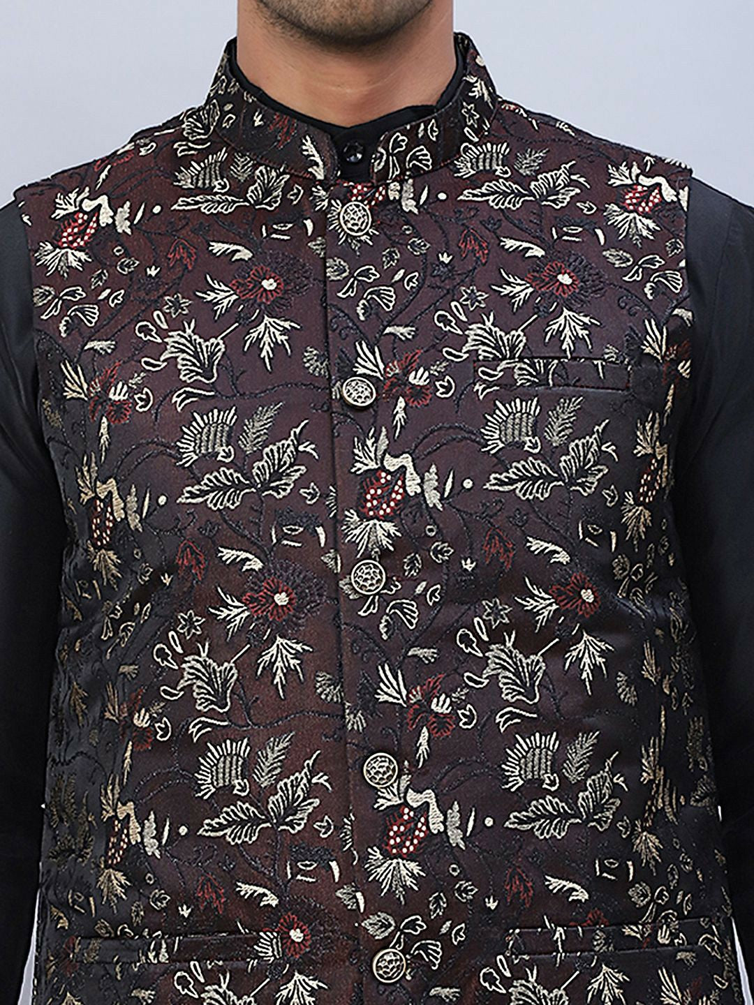 Men’s Maroon Embossed Nehru Jacket – Silk Blend, Sleeveless Design