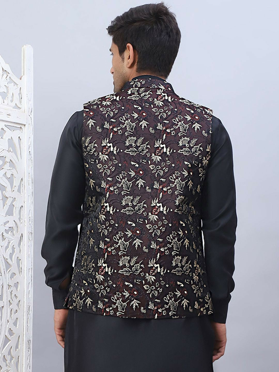 Men’s Maroon Embossed Nehru Jacket – Silk Blend, Sleeveless Design