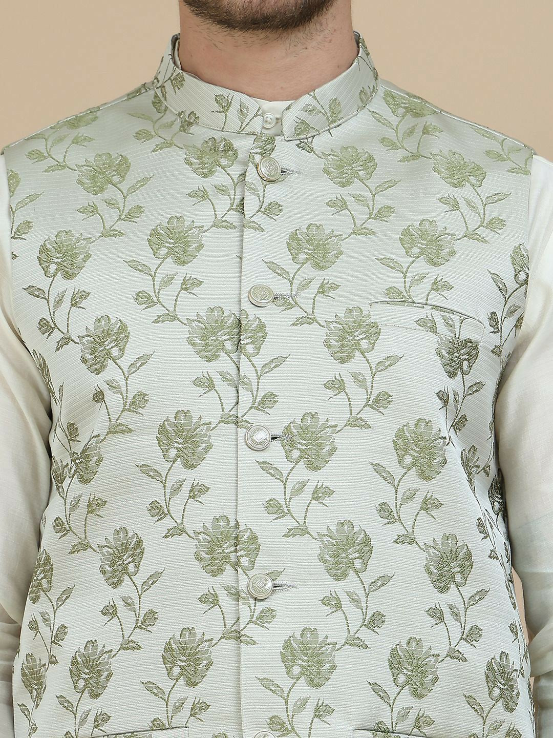 Green Printed Satin Nehru Jacket for Men | indiaista